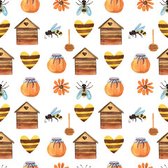 Seamless pattern of watercolors bee theme, insect bee, honey, beehive, honey spoon, beehive