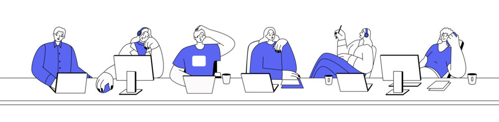 Hotline team of consultants helps clients. Helpdesk operators in headset work with customers by phone. Workers of online support service, call center. Flat isolated vector illustration on white