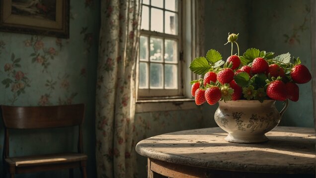 An atmospheric image showing a bowl of fresh strawberries with sunlight pouring through a window, evoking nostalgia and warmth