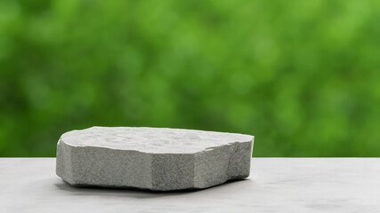 Podium with green forest blur background