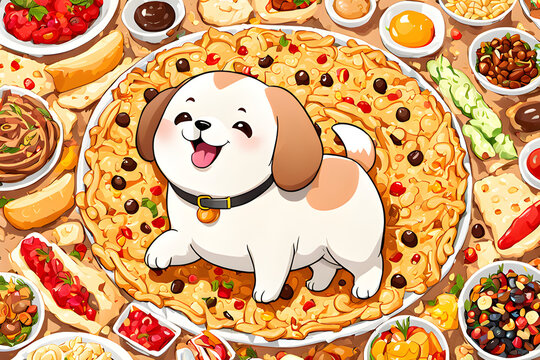 happy puppy surrounded by favorite foods. Generative Ai 