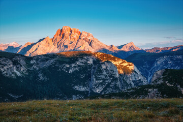 Gorgeous rocky massif in the Italian Alps on a sunny day. Tre Cime di Lavaredo, Italian Alps, South Tyrol, Europe.
