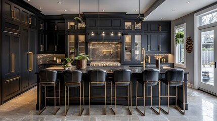 Fototapeta na wymiar Elegant Toronto Kitchen with Black Cabinets, Marble Backsplash, and Gold Accents