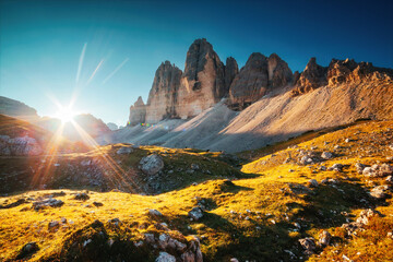 Famous rocky massif Tre Cime di Lavaredo (Drei Zinnen). Italian Alps, Sexten Dolomites, South...