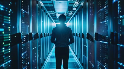 Silhouetted man in a server room with blue lighting, racks of data equipment, and ethereal glow suggesting high-tech data processing. - obrazy, fototapety, plakaty