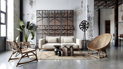 Fototapeta na wymiar Industrial Chic Living Room with Geometric Metal Art and Rattan Furniture
