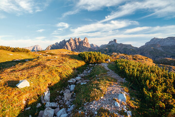 Great rocky massif in the Italian Alps on a sunny day. National Park Tre Cime di Lavaredo,...