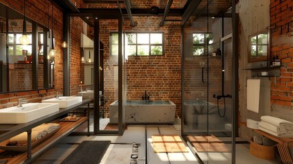 Fototapeta na wymiar Industrial Style Bathroom with Brick Walls and Modern Design Elements