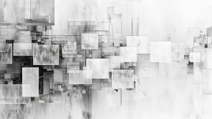 A black and white abstract painting with squares of various sizes arranged in a grid-like pattern.