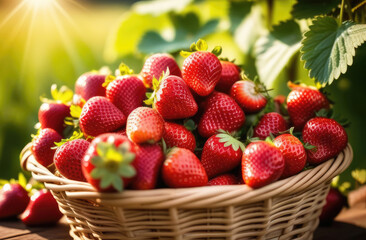 Ripe strawberries in a wicker basket on a blurred background of berry bushes in summer. Harvesting strawberries. The season of juicy berries