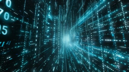 A digital illustration of flying through a dark tunnel. The tunnel walls are lined with glowing green binary code that appears to cascade down the sides.