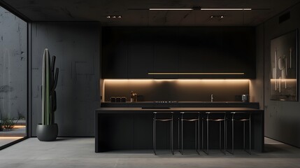 Minimalist Black Kitchen with Cactus Accent and Elegant Ambient Lighting