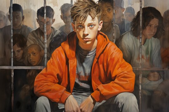 Portrait of a young man in an orange jacket in a prison, a portrait of juvenile delinquency due to promiscuity