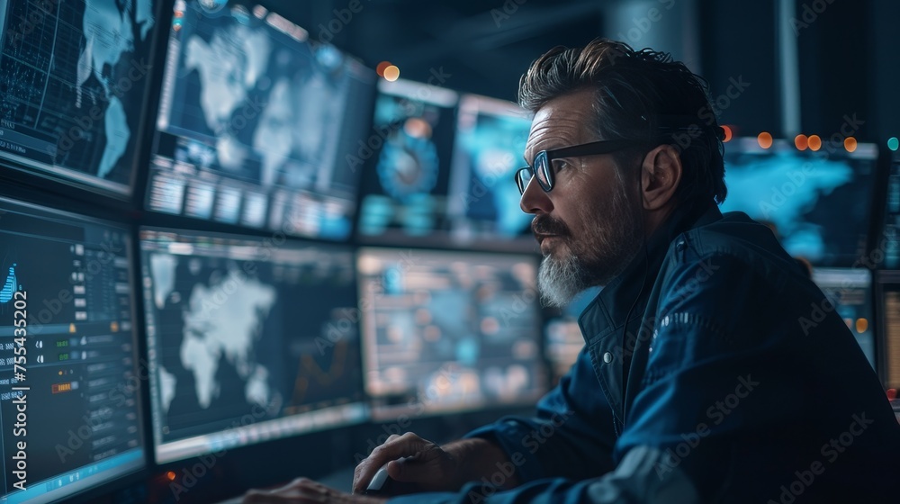 Poster a cutting-edge cybersecurity command center actively monitoring for threats