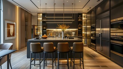 Sophisticated Ultraluxury Kitchen in Manhattan Penthouse with Dark Cabinets and Plush Leather...