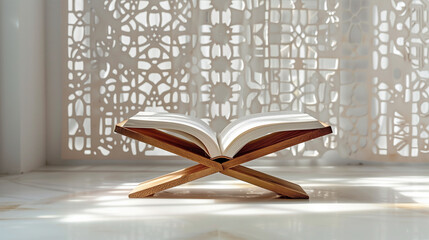 A wooden stand with an open holy Quran
