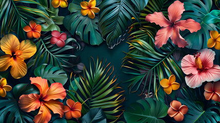 abstract floral background, seamless pattern with tropical leaves - obrazy, fototapety, plakaty