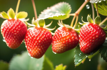 Close-up of ripe strawberries and strawberry flowers with water drops on bushes in the garden. Harvest on a strawberry bed. Juicy berries on a fruit plantation