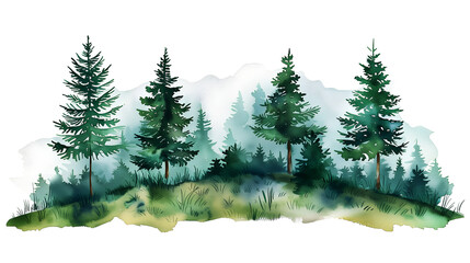 christmas tree in the forest with fog, watercolor style