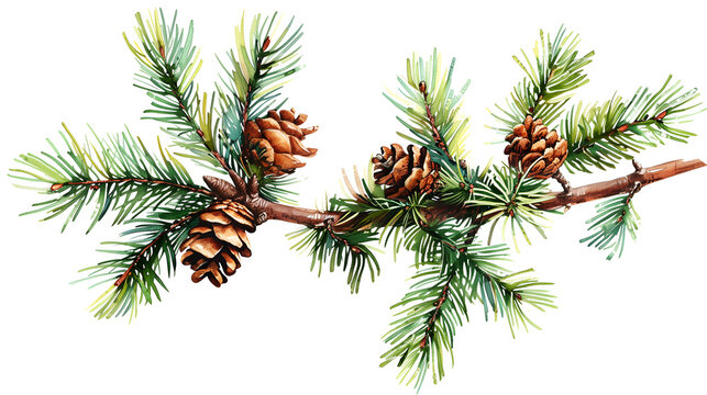 pine cones on a branch, watercolor style