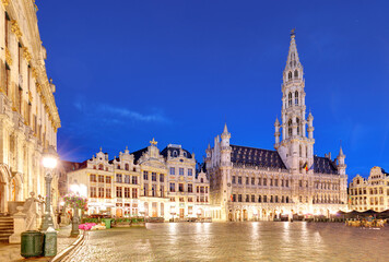 Night scene of the Grand Place, the focal point of Brussels, Belgium. - 755436083