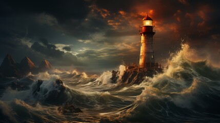 A lighthouse shining over tumultuous financial waters, symbolizing guidance - obrazy, fototapety, plakaty