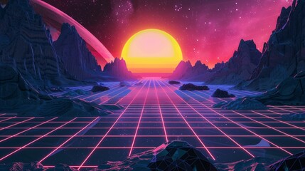 a landscape with a grid and mountains and a sunset - obrazy, fototapety, plakaty