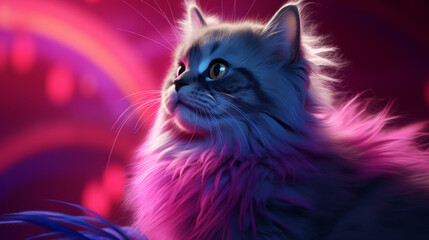 Long-haired cat's portrait with cyano and magenta lights.. Different poses and expressions of a cat in colorful bright neon lights blue and red.