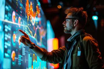 A person standing confidently in front of a large data chart displayed on a screen, pointing to key points and explaining the findings to the audience
