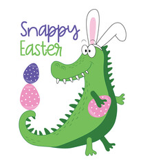 Born to hunt - funny alligator in bunny ears, with Easter eggs. good for greeting crad, poster, T shirt print, label and other gifts design.