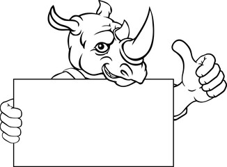 A rhino painter, handyman, mechanic, plumber or other construction cartoon mascot man in overall dungarees. Giving a thumbs up.