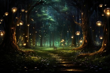Enchanted Whispers: Fireflies Light Up the Grove - obrazy, fototapety, plakaty