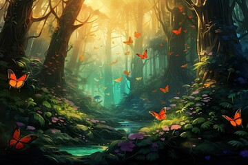 Fototapeta na wymiar Enchanted Forest Escape: Where Butterflies Shine