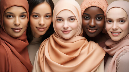 Portrait of group young muslim women's wearing hijab while looking at camera. Close up face of arabic female covered with headscarf smiling