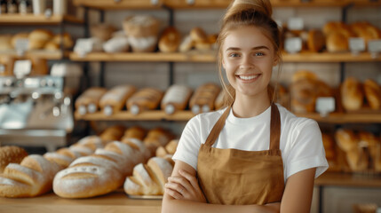 Female baker or saleswoman in her bakery selling fresh bread, pastries and bakery products in basket