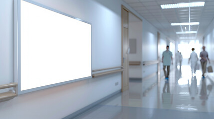 front view big white blank empty advertising mockup for advertising at hospital with blur people in motion