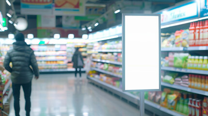 front view big white blank empty advertising mockup for advertising in the supermarket with blur people in motion