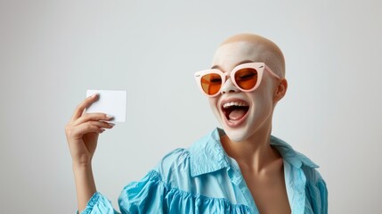 Beautiful woman holding a blank credit card. - obrazy, fototapety, plakaty