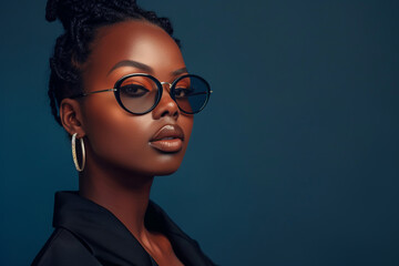 Photo of a model on a minimalistic background, a charismatic modern young African American woman wearing glasses