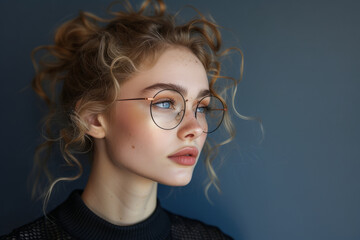 Photo of a model on a minimalistic background, a charismatic modern young woman generation Z, wearing glasses.