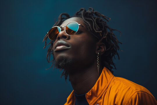 Face portrait of a handsome black and young american man wearing sunglasses and smiling during sunset at the beach