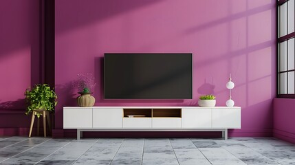 TV on the cabinet in modern living room on white viva magenta wall background