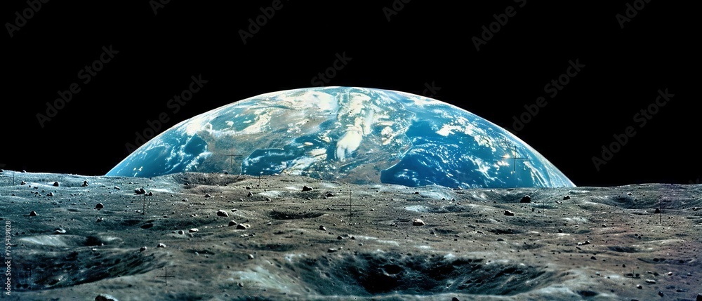 Sticker A view of blue earth from the moon's surface,