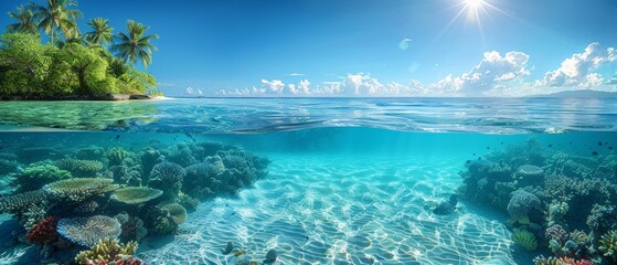 The Split View With Waterline Of A Tropical Island And Coral Reef
