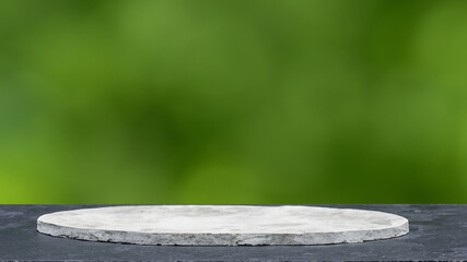 Podium with green forest blur background