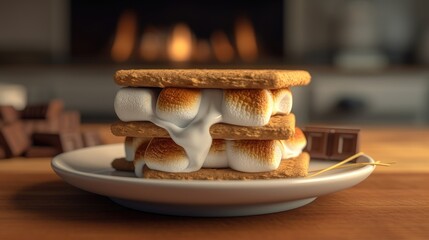 Stack of delicious cookies with marshmallow and chocolate on table