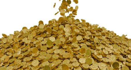 gold coin drop to pile transparent background 3d render
