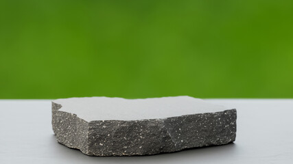 Podium with green forest blur background