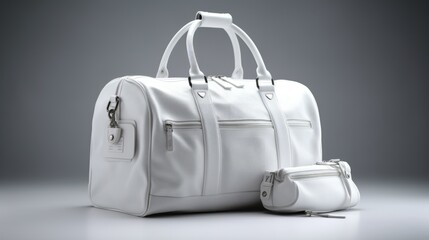 product photograph featuring a blank white duffle bag
