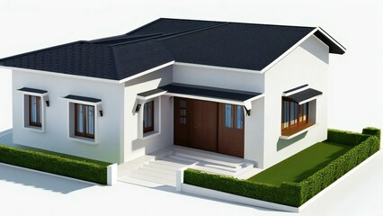 Modern single-story house with dark roof and white walls, featuring a front porch and green hedges.